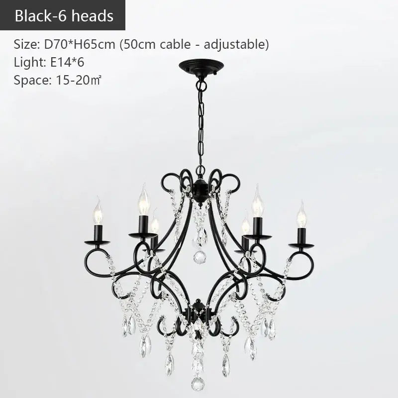 Black wrought iron crystal chandelier with six candle-style lights and dangling crystals for luxury dining room decorbites iron crystal