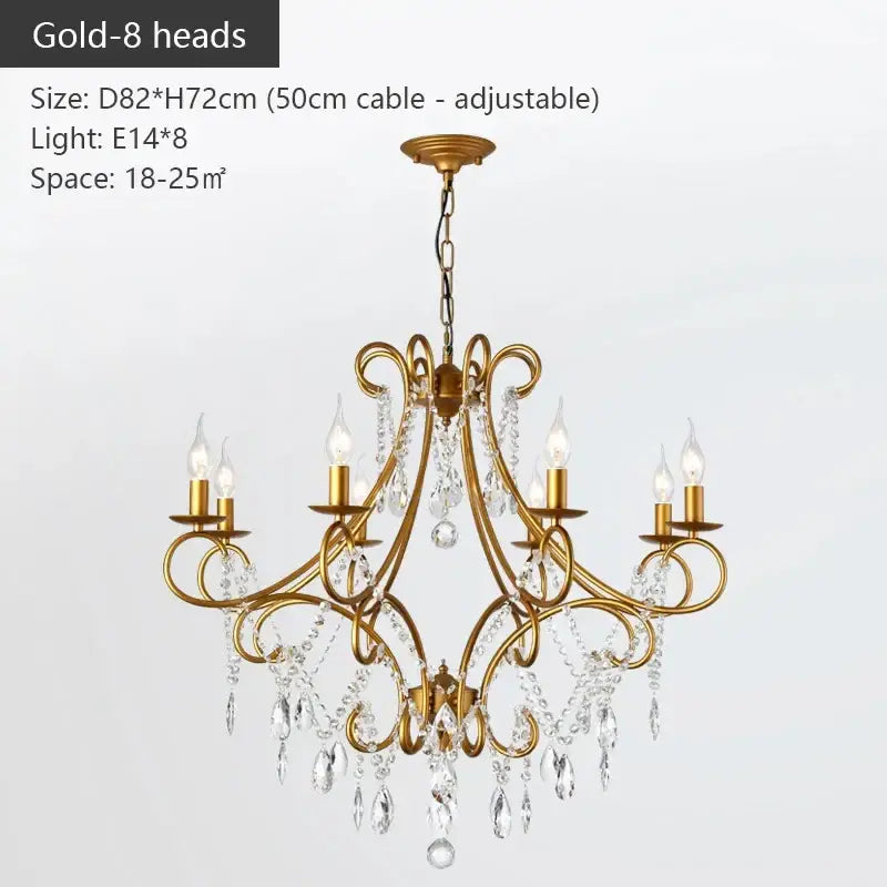 Modern gold iron crystal chandelier with eight arms and candle-style bulbs for luxury dining room decorbites iron crystal lighting