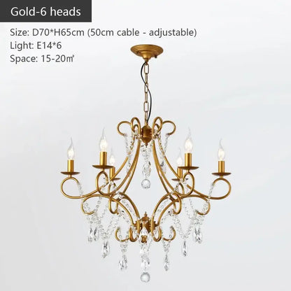 Modern gold iron crystal chandelier with six candle-style lights and dangling crystal droplets for luxury dining room decorbites iron crystal