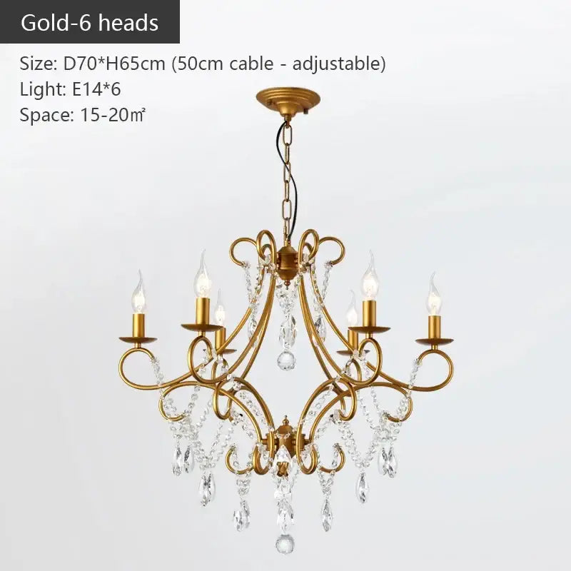 Modern gold iron crystal chandelier with six candle-style lights and dangling crystal droplets for luxury dining room decorbites iron crystal