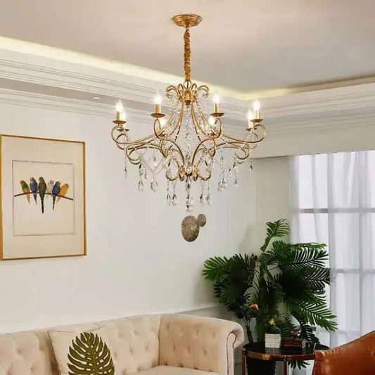 Modern gold iron crystal chandelier with intricate wrought iron design and dangling crystals for luxury dining room decorbites iron crystal