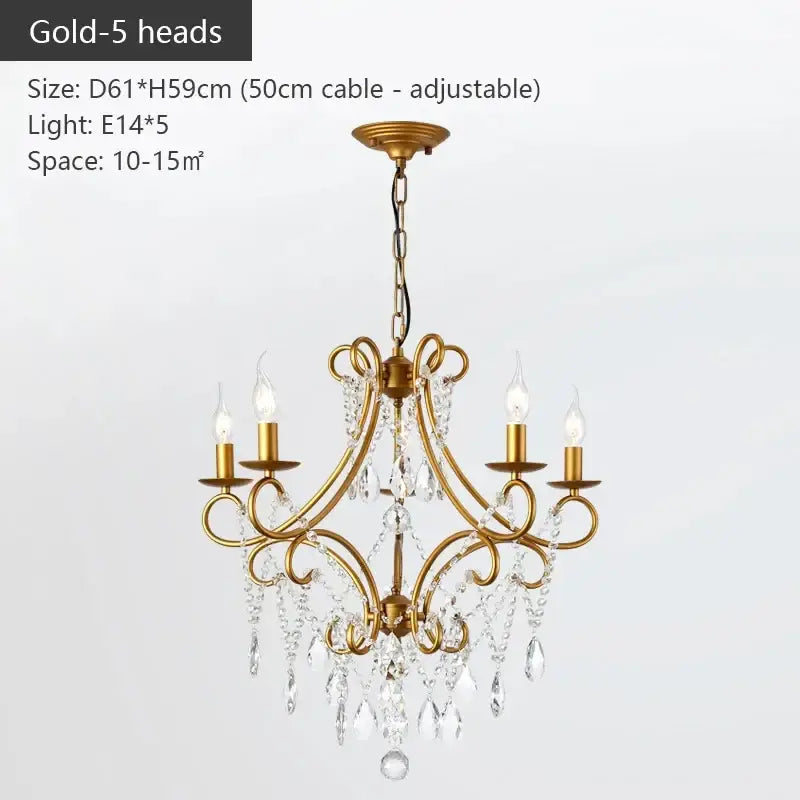 Modern gold iron crystal chandelier with five candle-style lights and dangling crystal droplets for luxury lighting