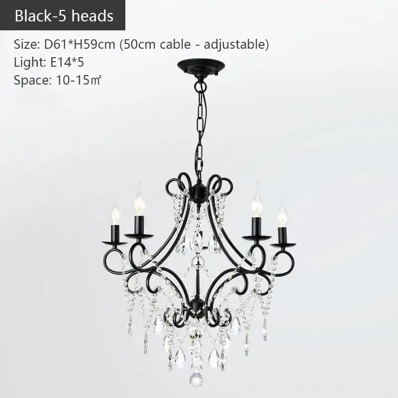 Black wrought iron crystal chandelier with five candle lights and dangling crystals for luxury dining decorbites iron crystal