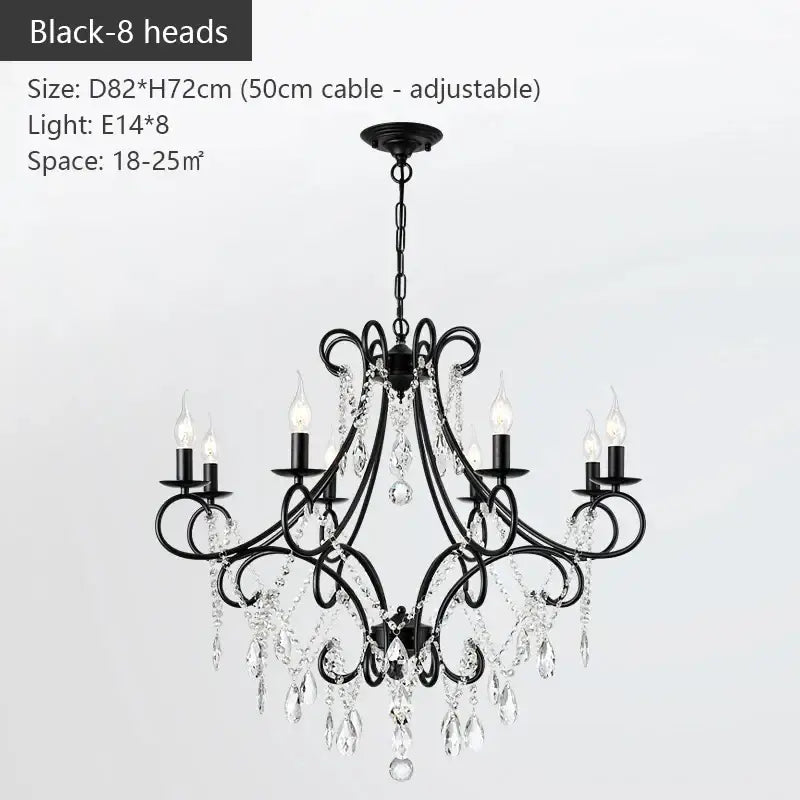 Black wrought iron crystal chandelier with eight candle lights and dangling droplets for luxury dining decorbites iron crystal