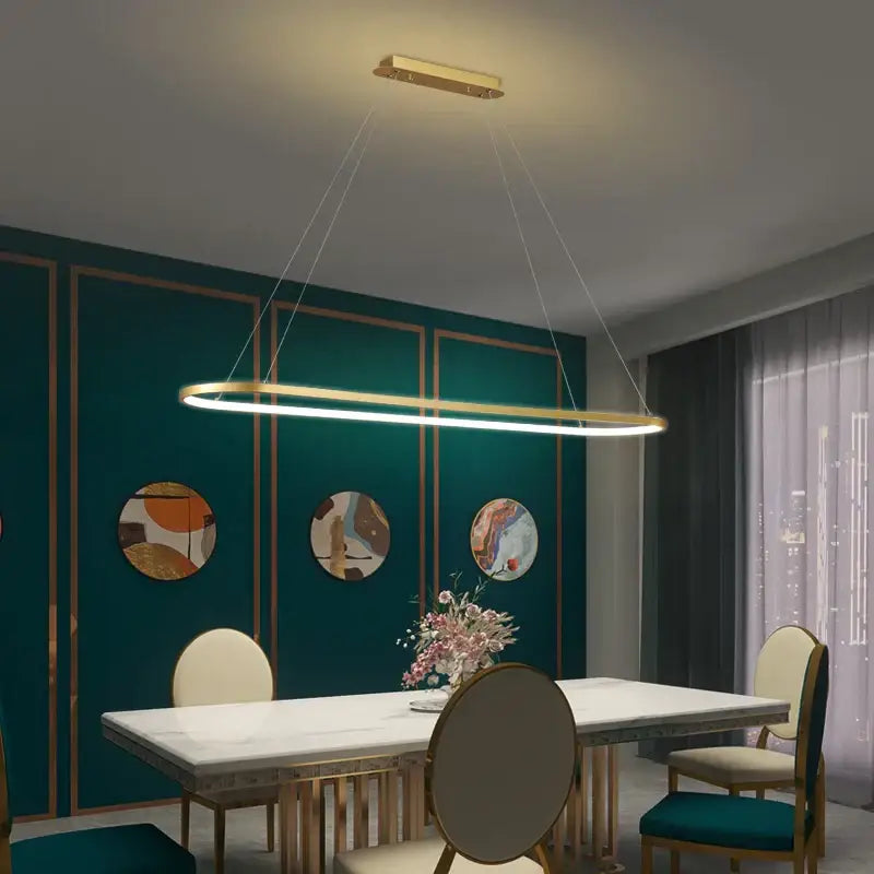 Gold-toned iron dining chandelier ceiling lamp with sleek rectangular LED pendant light for modern kitchen decorbites iron dining
