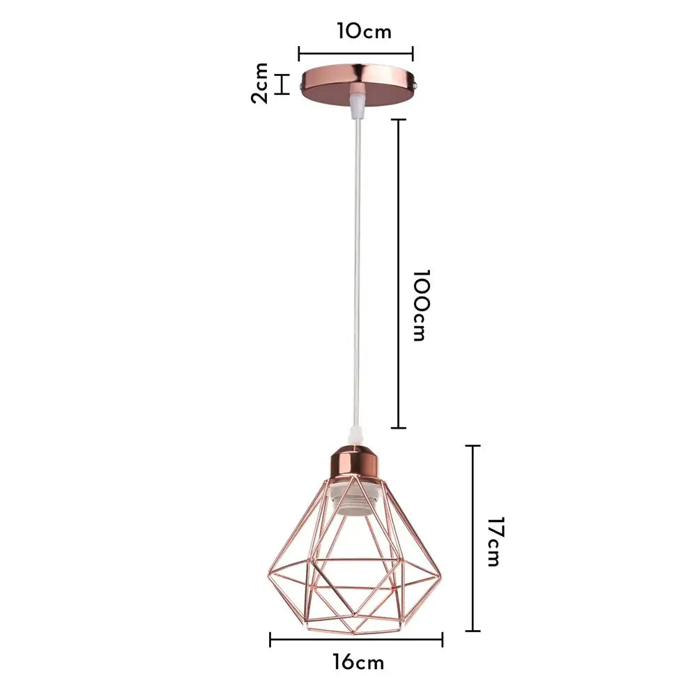Rose gold geometric decorbites iron frame pendant light with faceted cage design and white cord for modern decor