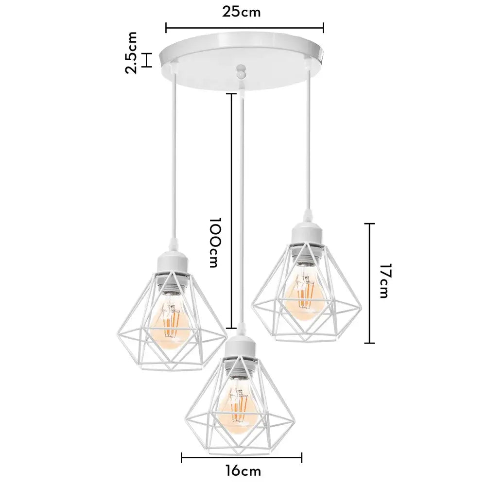 Modern gold iron frame pendant chandelier with white geometric wire cages and warm-toned filament bulbs decorbites iron frame