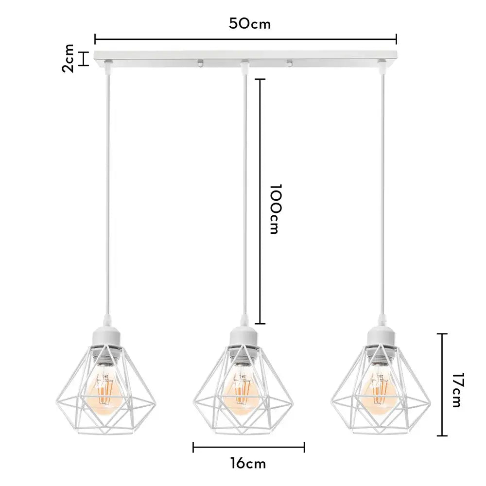 Modern gold iron frame pendant chandelier with white geometric cage and three exposed filament bulbs for kitchen decorbites iron frame