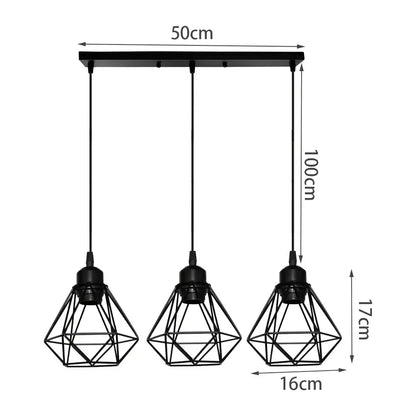 Black metal geometric iron frame pendant chandelier with three diamond-shaped cages for modern decorbites iron frame lighting