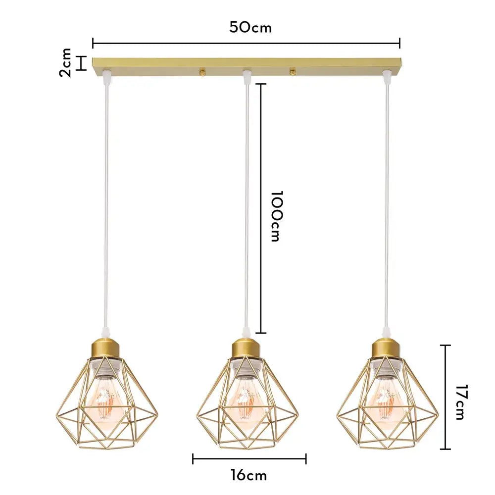 Modern gold iron frame pendant chandelier featuring three diamond-shaped cages with exposed filament bulbs for decorbites iron frame lighting