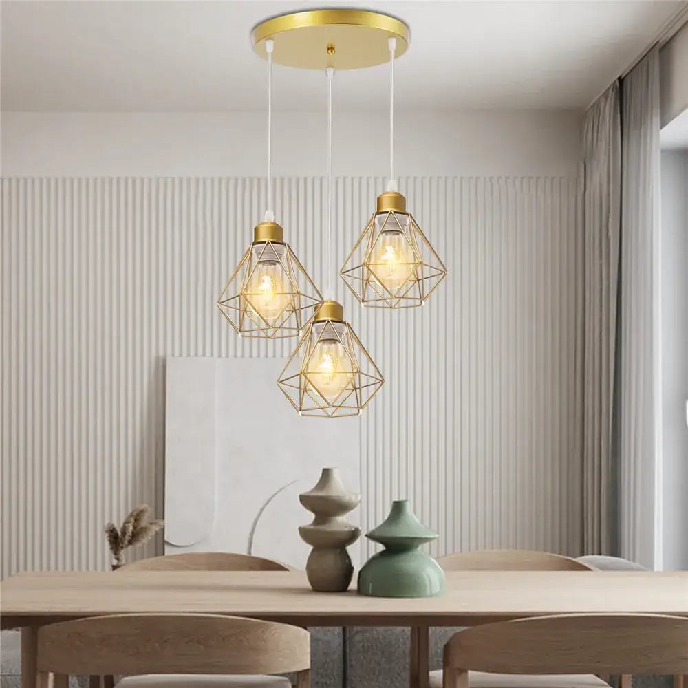 Modern gold iron frame pendant chandelier with geometric design and exposed filament bulbs for kitchen decorbites iron frame