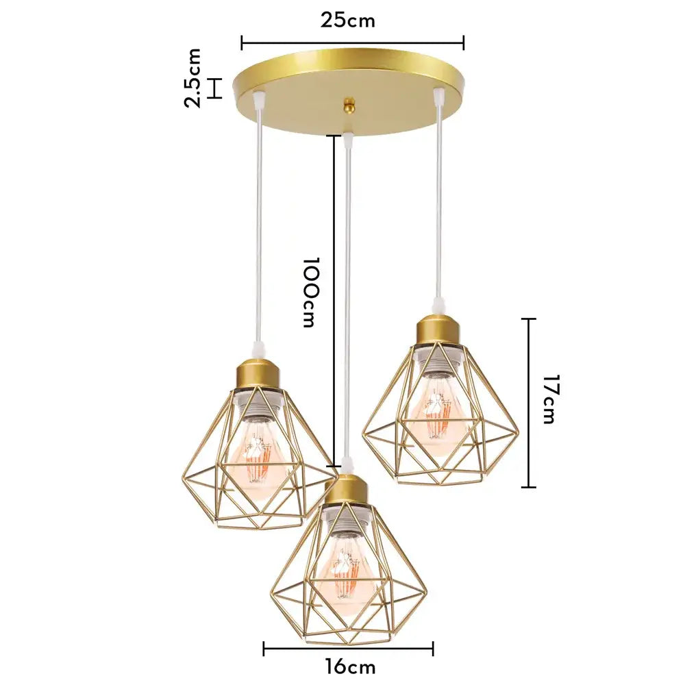 Modern gold iron frame pendant chandelier with geometric diamond cages and exposed filament bulbs for kitchen decorbites iron frame