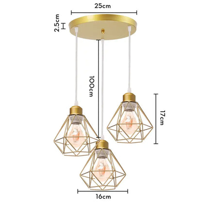 Modern gold iron frame pendant chandelier with geometric diamond cages and exposed filament bulbs for kitchen decorbites iron frame