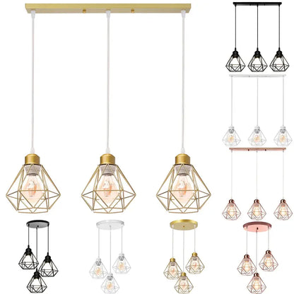 Modern gold iron frame pendant chandelier with geometric cage design and exposed filament bulbs for kitchen decorbites iron frame