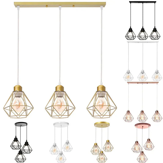 Modern gold iron frame pendant chandelier with geometric cage design and exposed filament bulbs for kitchen decorbites iron frame