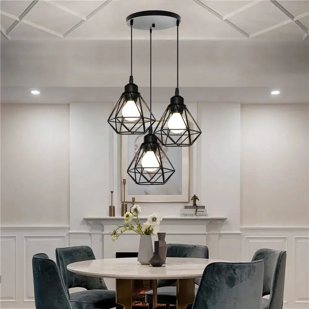 Black iron frame pendant chandelier with geometric design and modern industrial decorbites iron frame above dining table