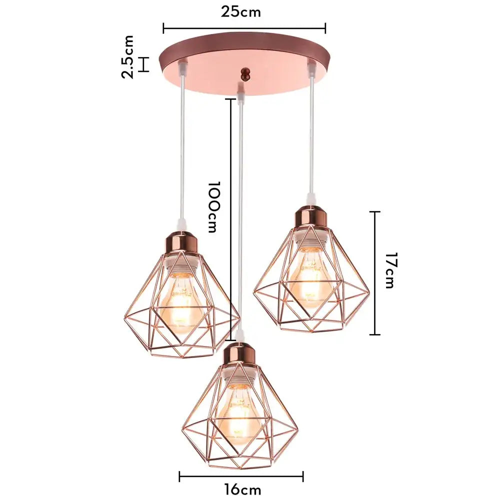 Rose gold modern decorbites iron frame pendant chandelier with three diamond cage bulbs for kitchen lighting decor