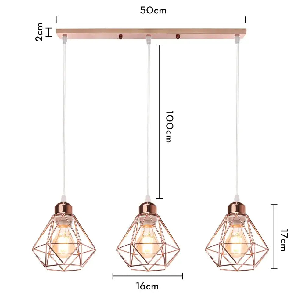 Modern gold iron frame pendant chandelier with rose gold geometric design and three exposed bulb fixtures for kitchen decorbites iron frame
