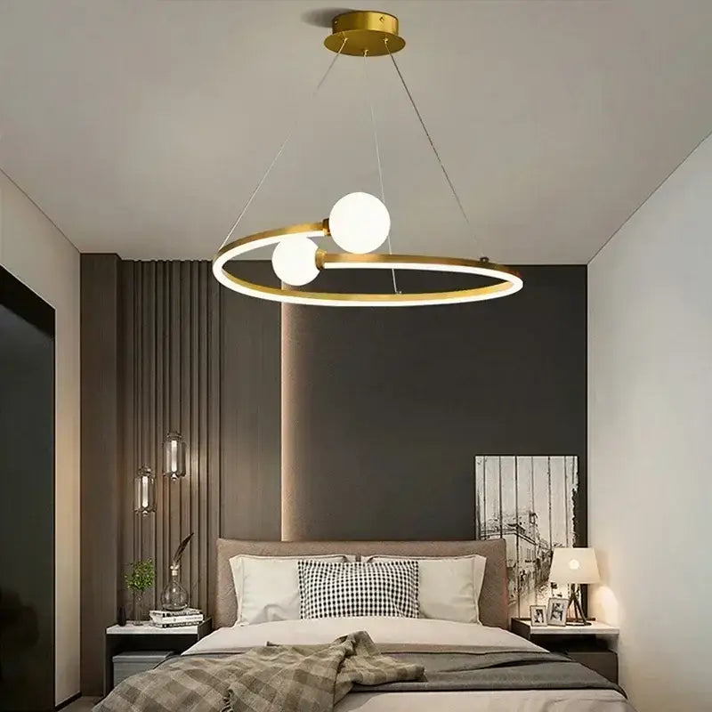 Modern gold iron led chandelier light with two white spherical bulbs for living room decorbites iron led design