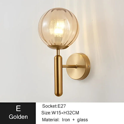 Modern gold iron led sconce lamp with textured spherical glass and brass-finished iron base for bedroom decorbites iron led