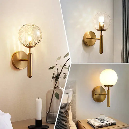 Modern gold iron led sconce lamp with textured glass globe shade ideal for bedroom decorbites iron led lighting