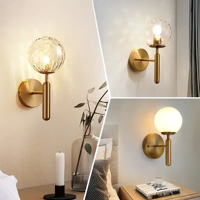 Modern gold iron led sconce lamp with textured glass globe shade ideal for bedroom decorbites iron led lighting