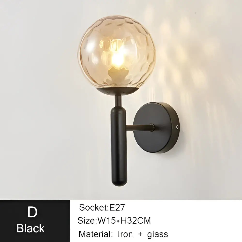 Black iron led sconce lamp with textured amber glass globe for modern decorbites iron led bedroom lighting