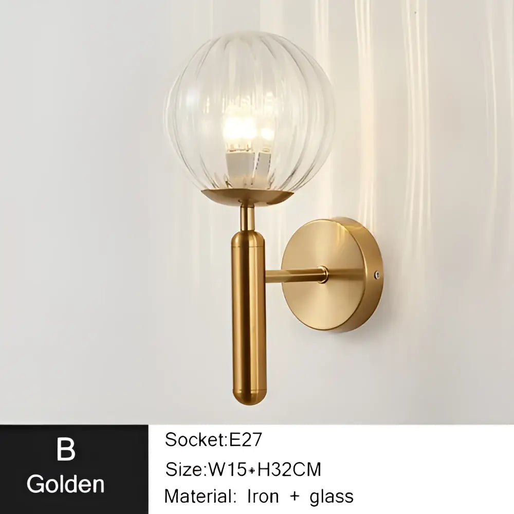 Modern gold iron led sconce lamp with golden brass wall sconce and ribbed glass globe for bedroom decorbites iron led