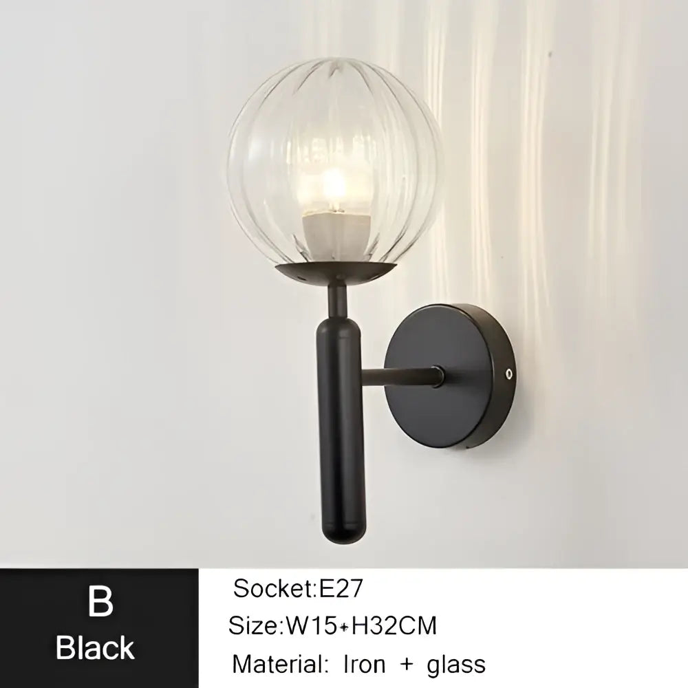Black wrought iron LED sconce lamp with ribbed glass globe for modern bedroom decorbites iron LED lighting