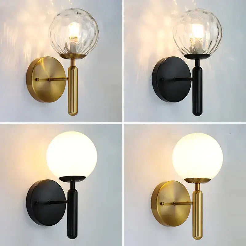 Modern gold iron led sconce lamp with textured glass globe available in brass and black finishes for bedroom decorbites iron led