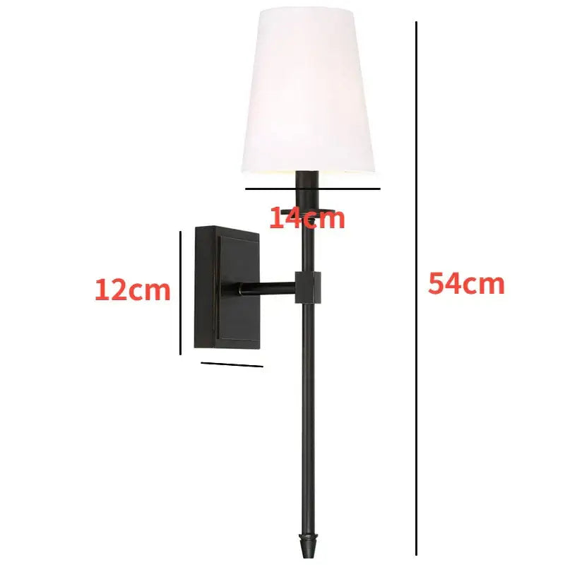 Modern gold iron led wall lamp with black wrought iron sconce and white tapered fabric shade for bedroom decorbites iron led wall