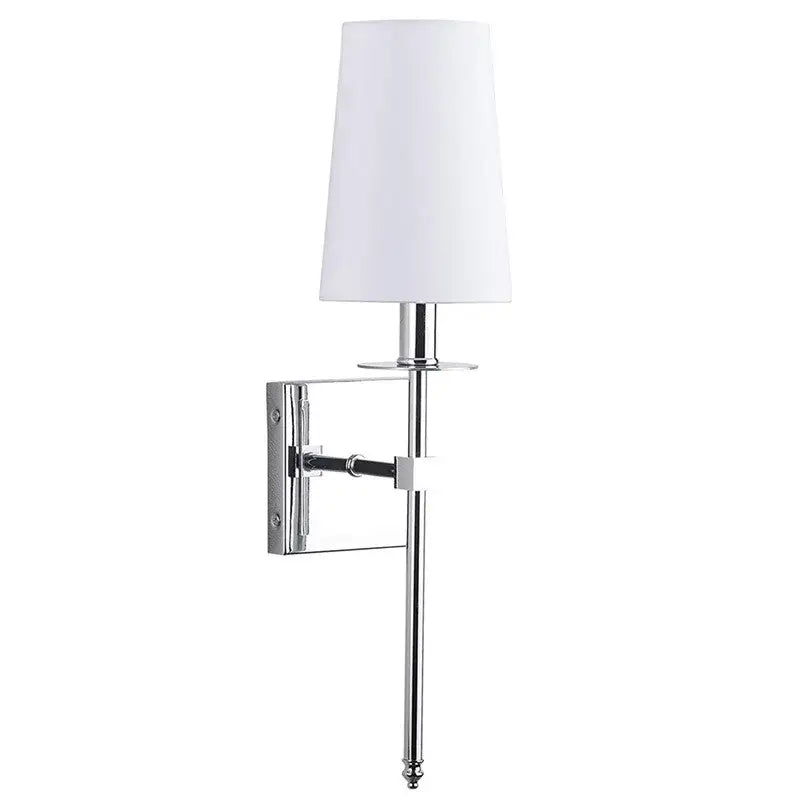 Chrome finished wall lamp with white cylindrical shade iron led wall lamp by decorbites for modern bedroom decor