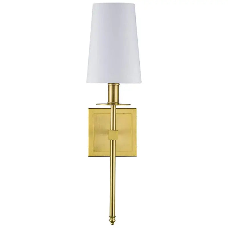 Modern gold iron led wall lamp with a gold finish and white tapered shade for bedroom decorbites iron led wall lighting