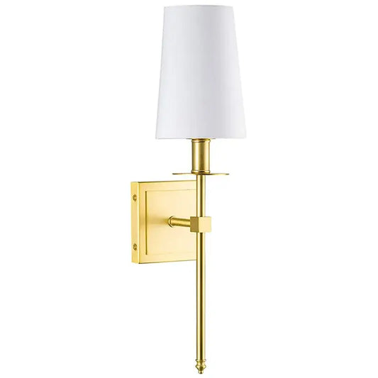 Modern gold iron led wall lamp with white cylindrical shade for bedroom featuring decorbites iron led design