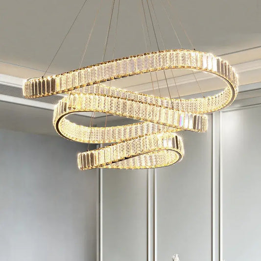 Modern gold irregular crystal led pendant chandelier featuring interlocking rings with crystal accents for foyer decorbites irregular steel design