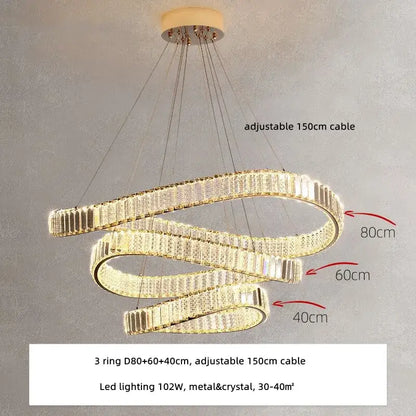 Modern gold irregular steel pendant chandelier featuring three interlocking crystal led rings for foyer decorbites decor