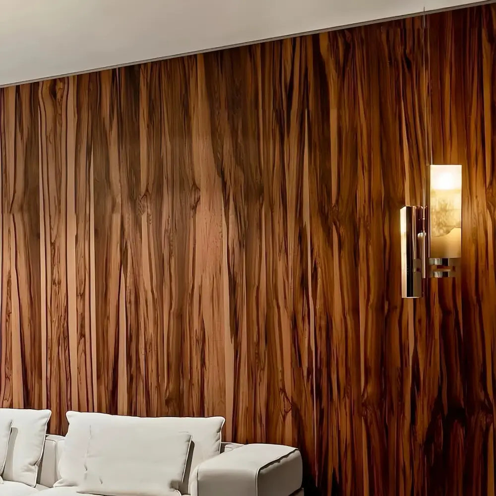 Modern gold italian marble pendant lamp with rich dark brown wood-paneled wall featuring vertical grain patterns