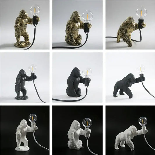 Modern gold king kong resin night light with detailed gorilla figurine holding filament bulb, decorbites king kong design