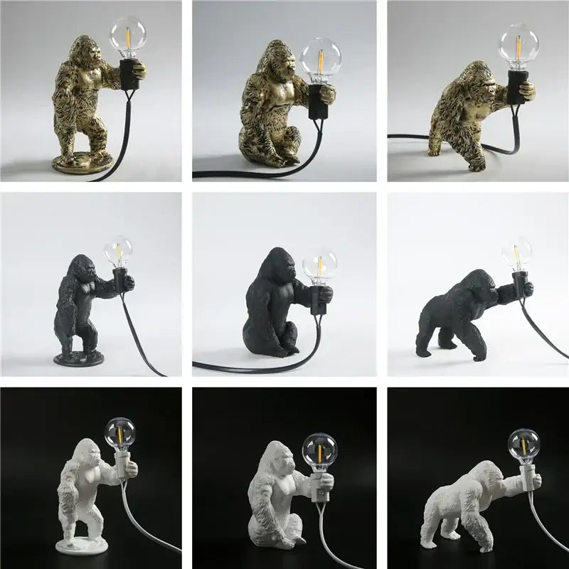 Modern gold king kong resin night light with detailed gorilla figurine holding filament bulb, decorbites king kong design