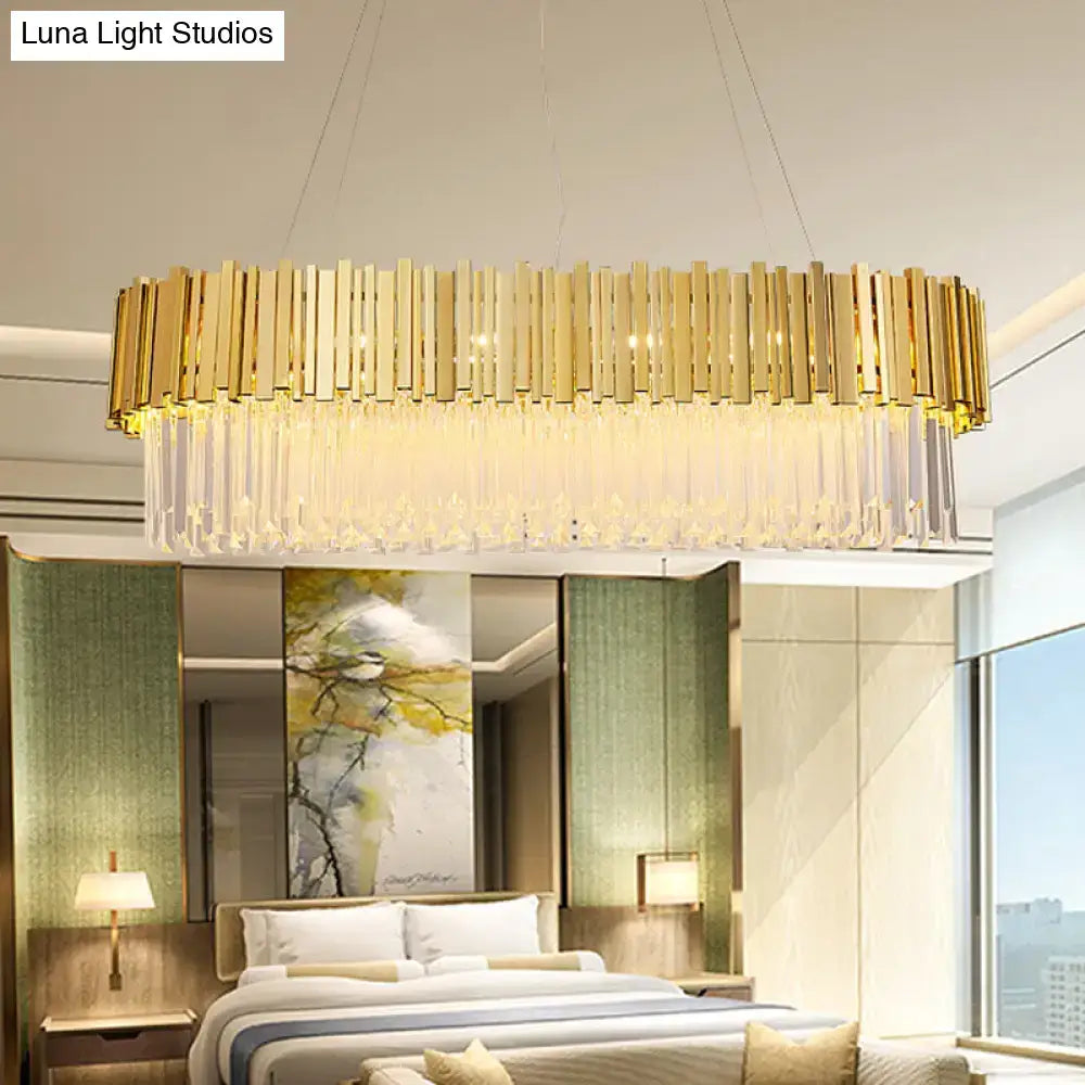 Modern gold layered metal chandelier with vertical brass bars and hanging light crystal droplets for dining room 220v-240v 110v-120v