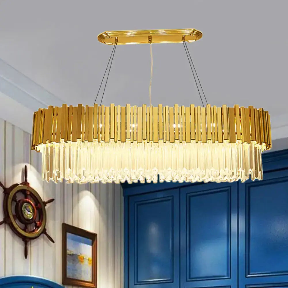 Modern gold layered metal chandelier with vertical brass bars and cascading crystal prisms hanging light for dining room 220v-240v 110v-120v