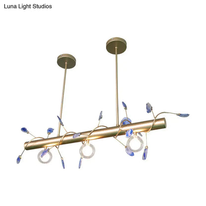 Decorbites™ contemporary ceiling light gold-toned with blue glass leaf accents and clear crystal rings 110v-120v 220v-240v