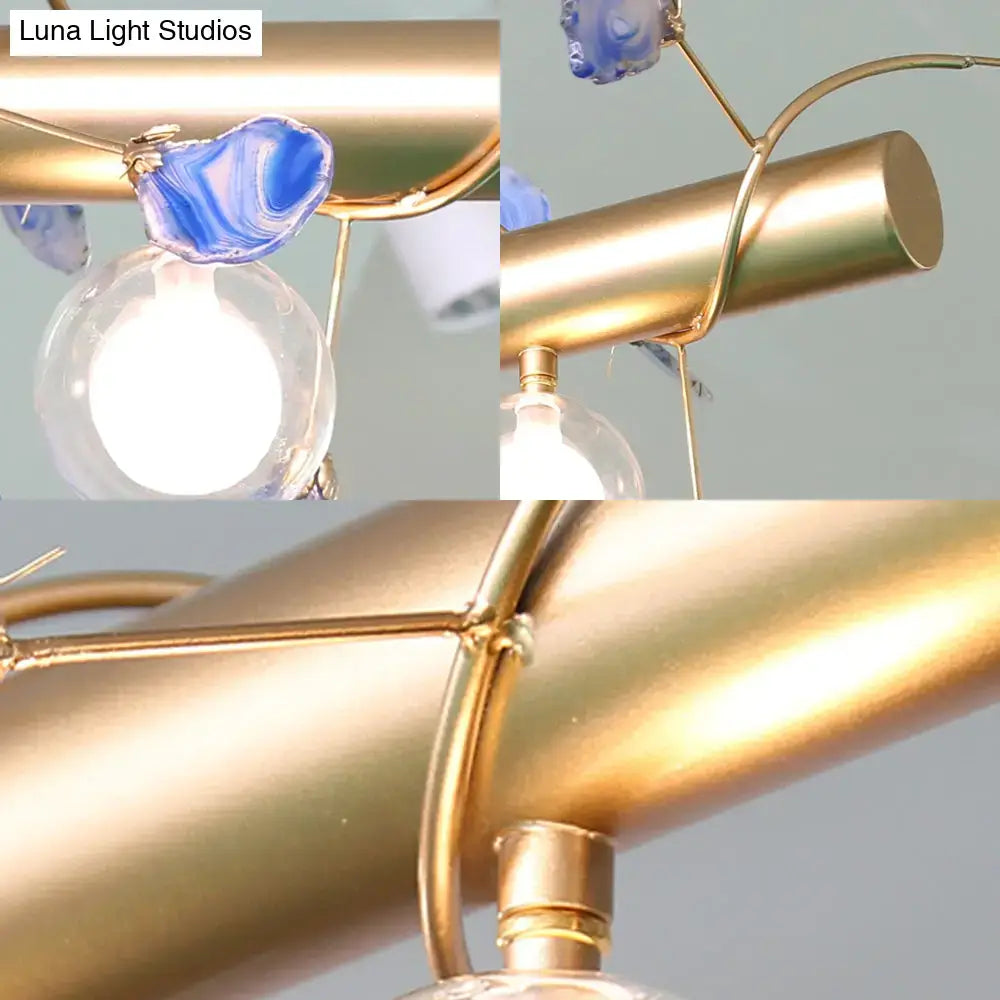Decorbites contemporary gold-toned ceiling light with blue agate and clear glass globes compatible with 110v-120v light type
