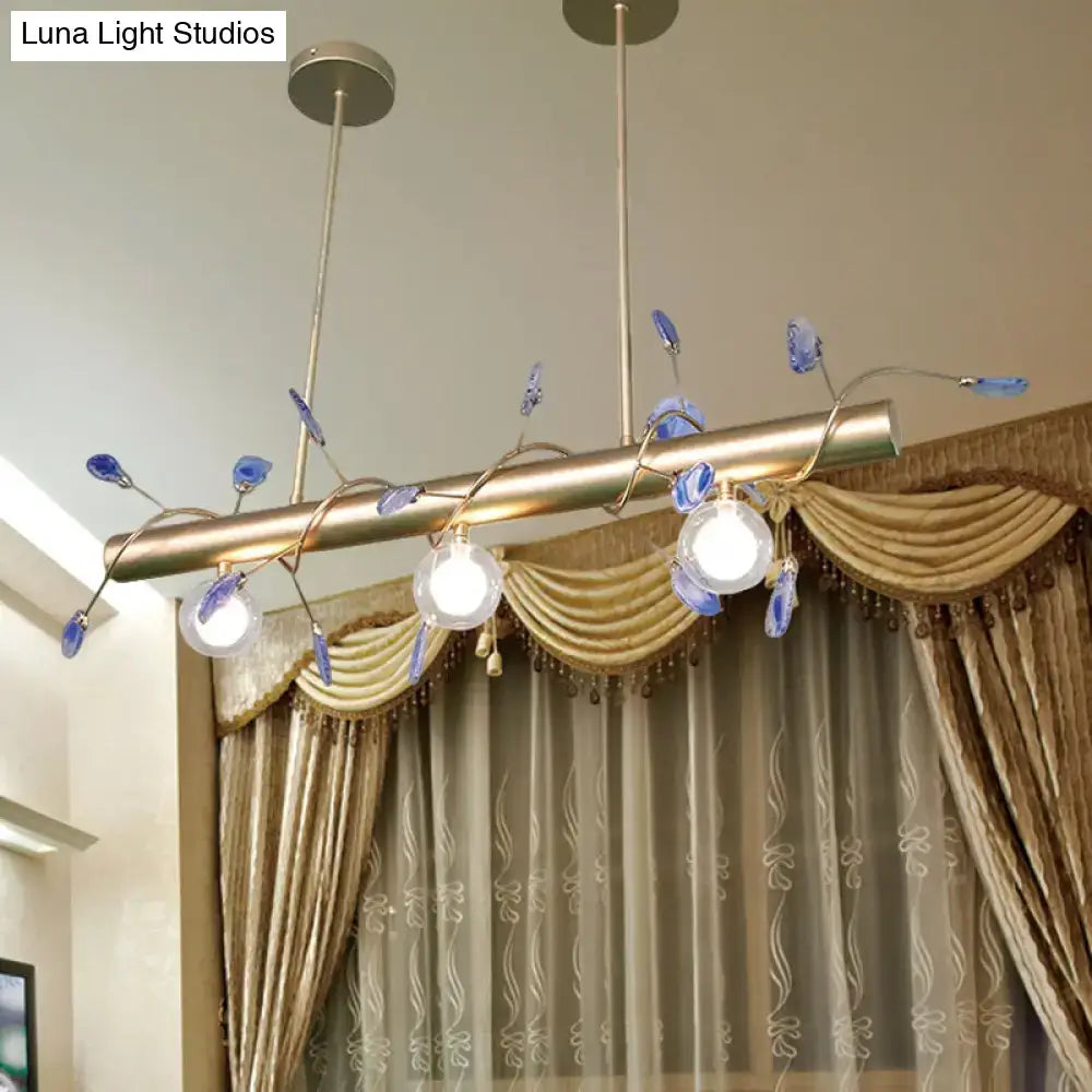 Decorbites™ contemporary 3-light ceiling pendant with gold-toned frame blue glass leaf accents 110v-120v light type