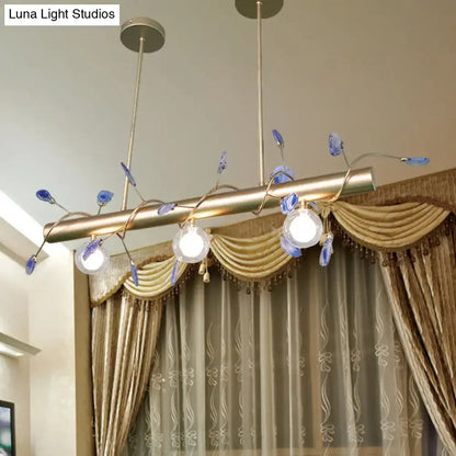Decorbites™ contemporary 3-light ceiling pendant with gold-toned frame blue glass leaf accents 110v-120v light type