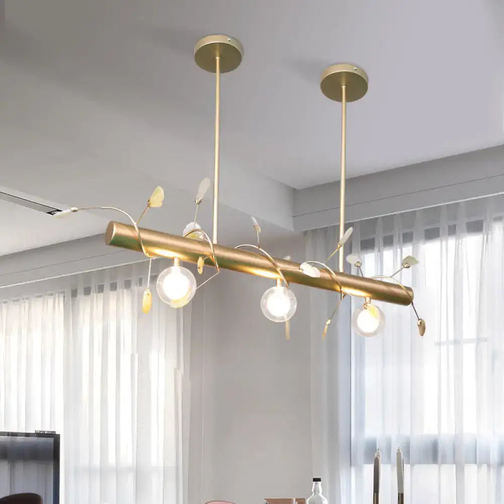 Decorbites™ contemporary gold-toned ceiling light with cylindrical bar, leaf-like extensions, and glass bulbs compatible with 110v-120v and 220v-240v