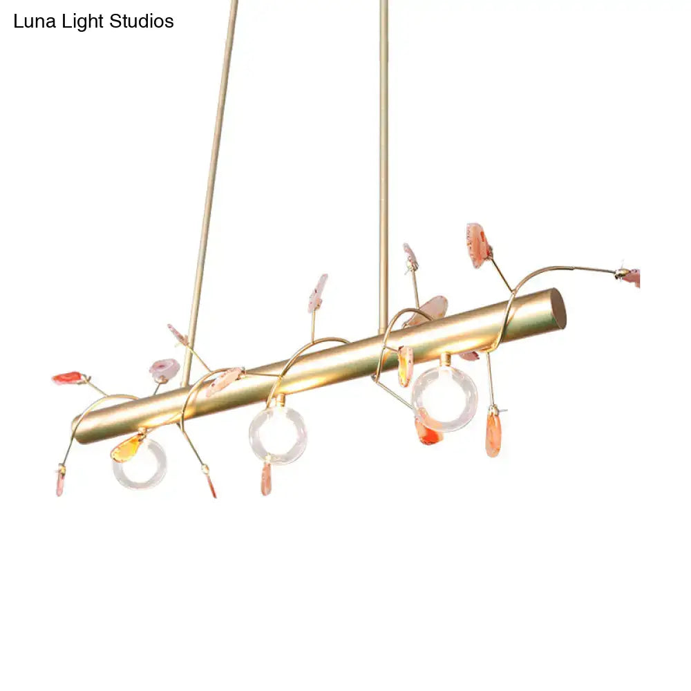 DecorBites contemporary 3-light ceiling pendant with brass branch arms and peach gemstone accents compatible with 110v-120v and 220v-240v