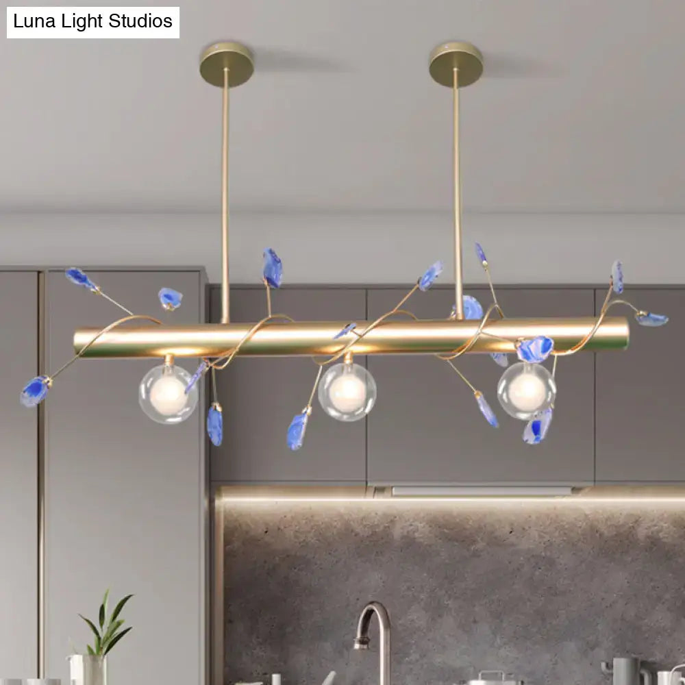 Decorbites contemporary brass ceiling light with three glass bulbs and blue crystal accents compatible with 110v-120v 220v-240v