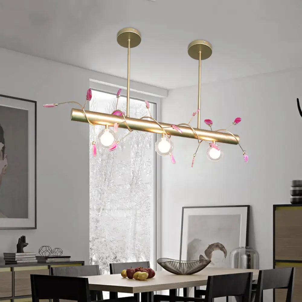Decorbites™ contemporary 3-light ceiling pendant in gold tone with pink floral accents and exposed bulbs for 110v-120v use