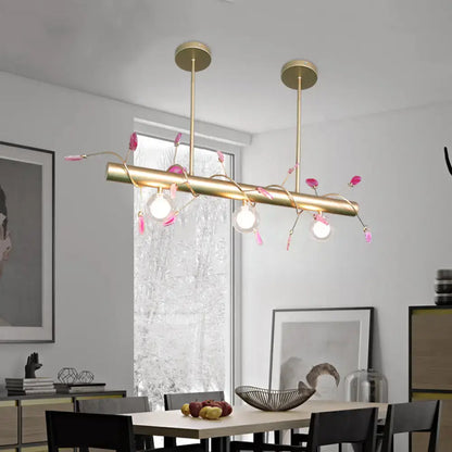 Decorbites™ contemporary 3-light ceiling pendant in gold tone with pink floral accents and exposed bulbs for 110v-120v use